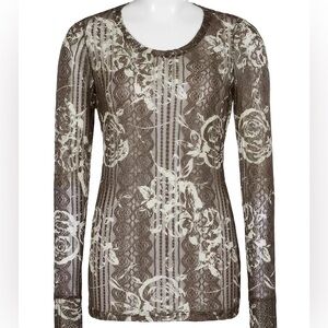 Buckle Womens Foil Lace Long Sleeve Chocolate Brown Floral Sheer Top. Sz XXL